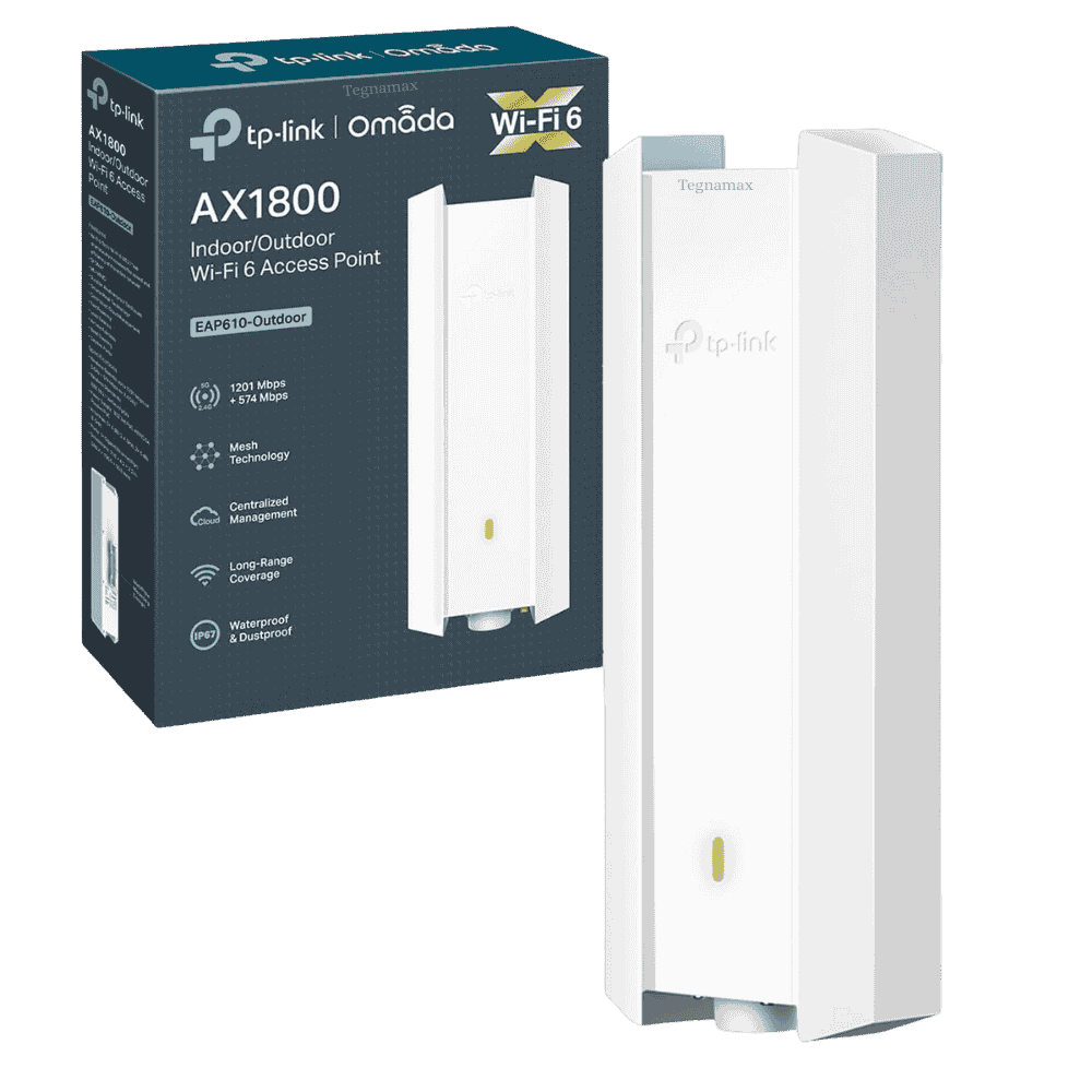 Vista frontal del access point tplink ax1800 EAP610 con antenas internas y diseño blanco.