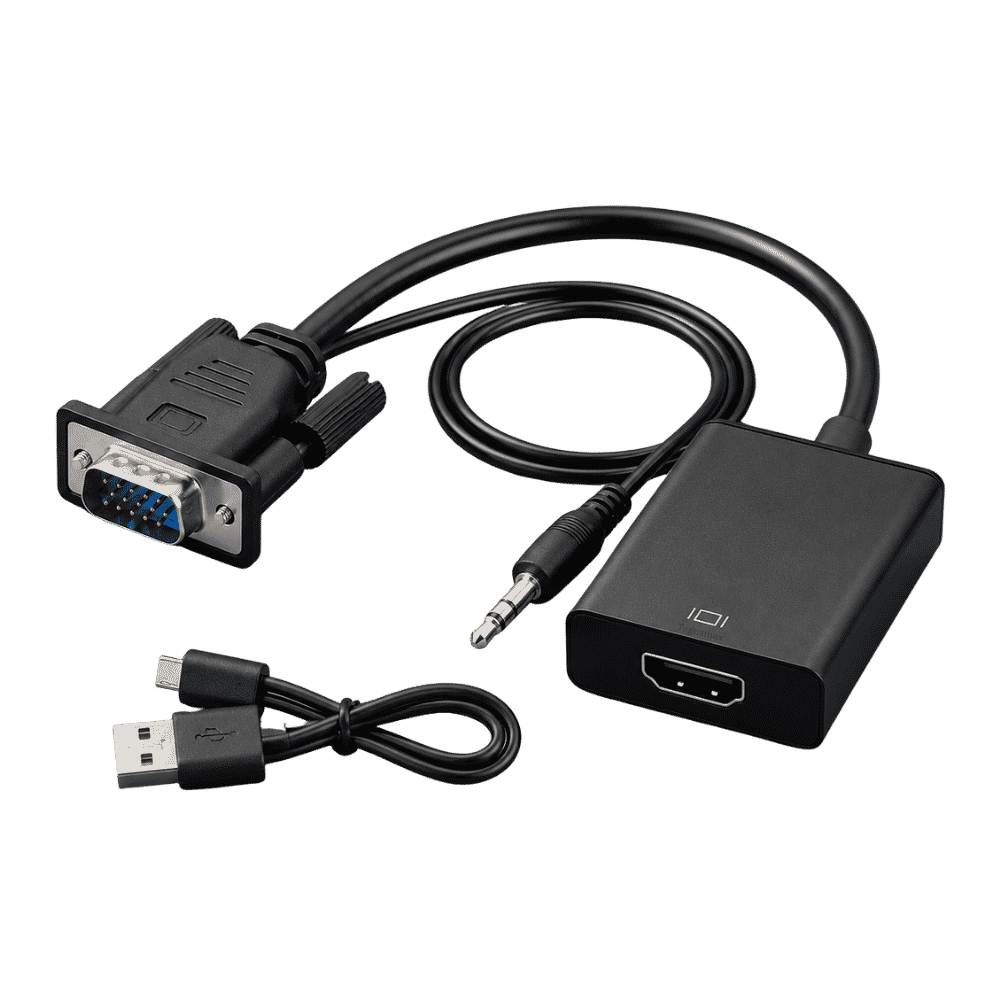 Adaptador VGA a HDMI negro con audio de 3,5 mm y cable de alimentación USB