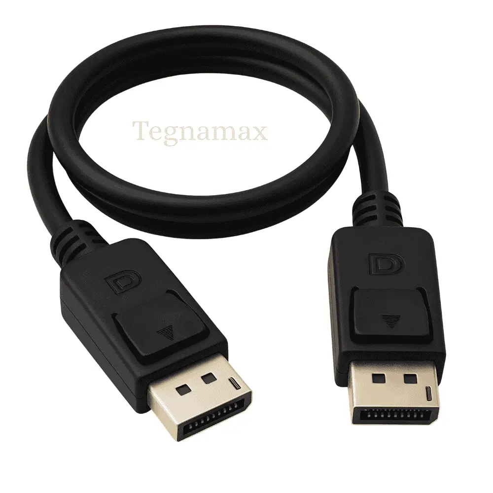 Lateral/puertos: “conectores dp del cable displayport 1.8 m macho a macho” Detalle puntas: “detalle de puntas cable displayport 1.8 m” Conexión PC-monitor: “cable displayport 1.8 m conectado de pc a monitor”