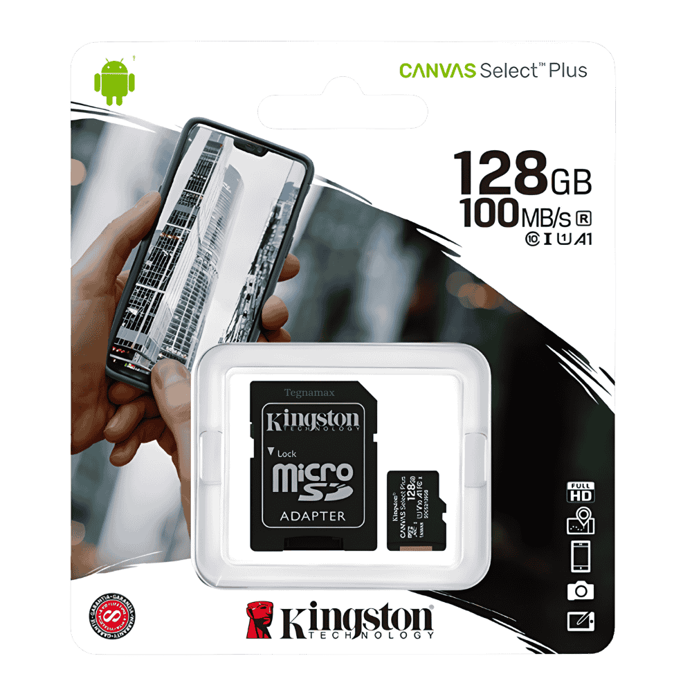 memoria micro sd kingston 128gb canvas select plus con adaptador sd velocidad 100mbs
