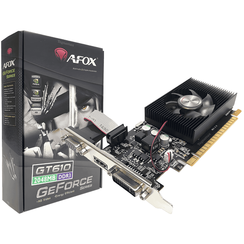 Puertos de salida de la tarjeta video gt610 mostrando conectores HDMI, VGA y DVI.