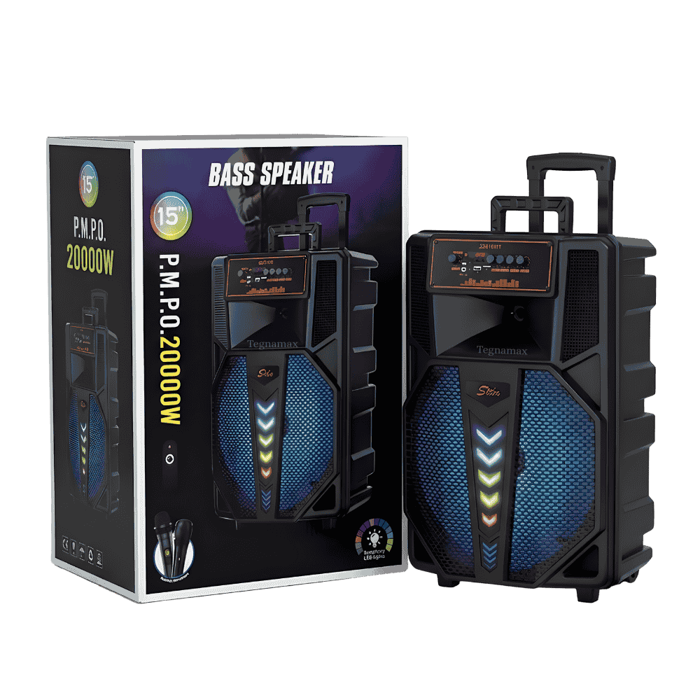parlante activo de 15 pulgadas con luces led y microfonos para fiestas