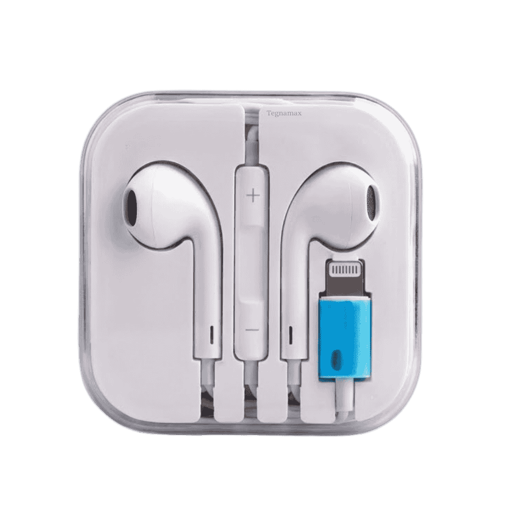 Vista completa de los audífonos conector lightning color blanco desenrollados.