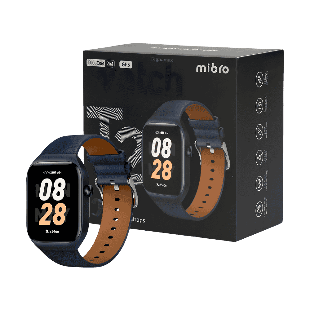reloj inteligente mibro t2 con gps colores azul oscuro y dorado pantalla amoled