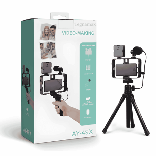Kit vlogger AY-49X: trípode, luz LED y micrófono para smartphone