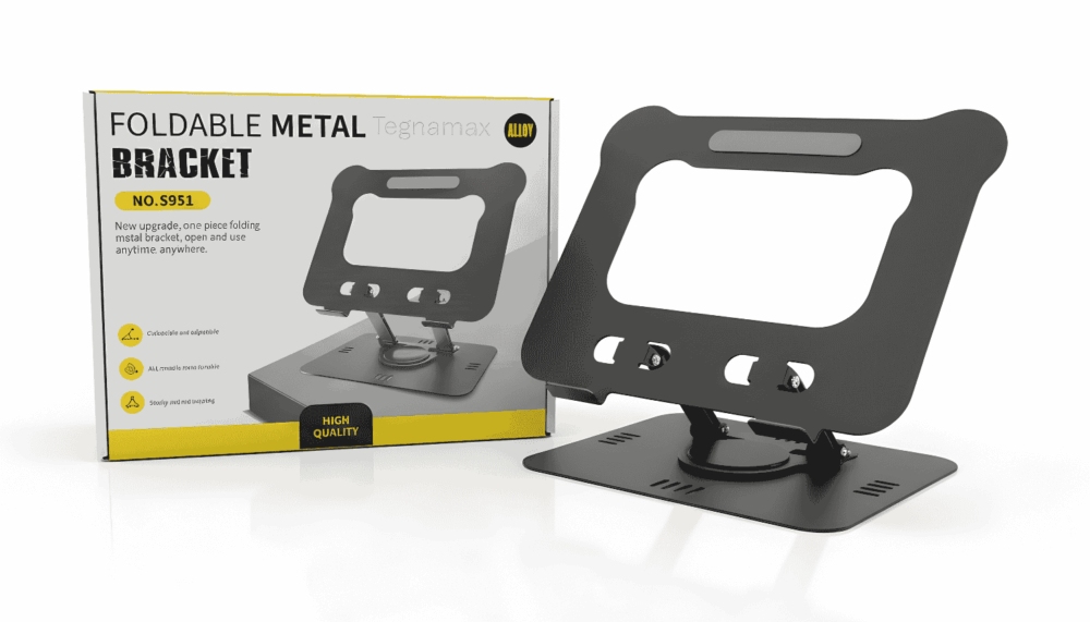 Soporte para Laptop S951 Metálico Plegable con Base Giratoria 360° Color Plomo