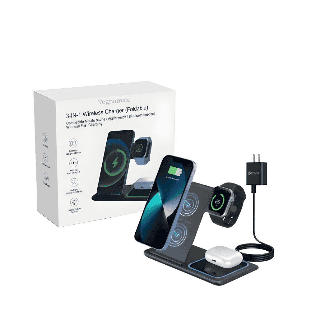 cargador inalambrico 3 en 1 plegable cargando iphone apple watch y airpods