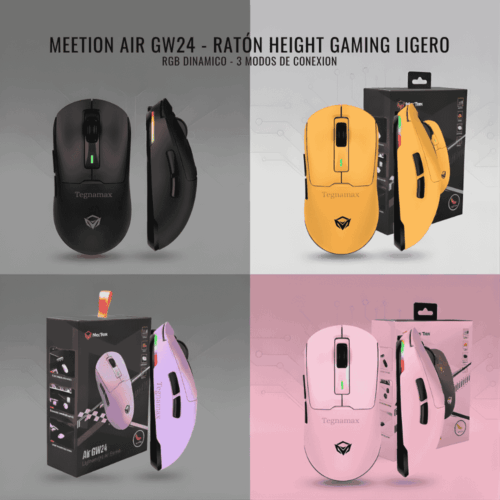 Mouse gamer MEETION Air GW24 — tri-modo, RGB, 8000 DPI, 62 g