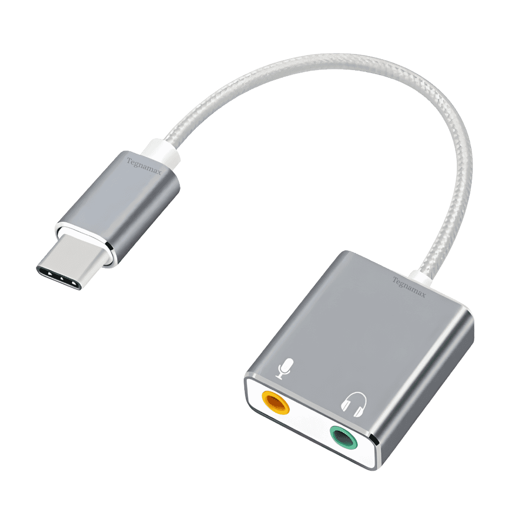 adaptador usb c con dos entradas jack 3.5mm para audio y microfono separados
