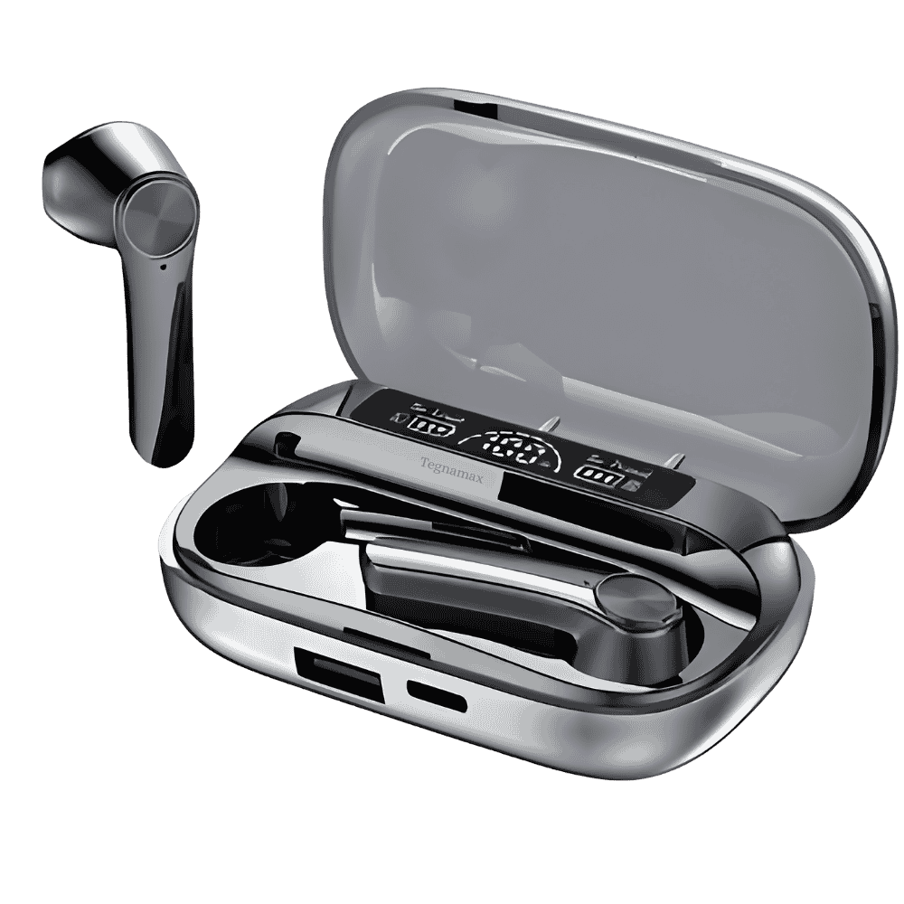 par de audifonos inalambricos tipo palito con acabado cromado plateado y gomas negras