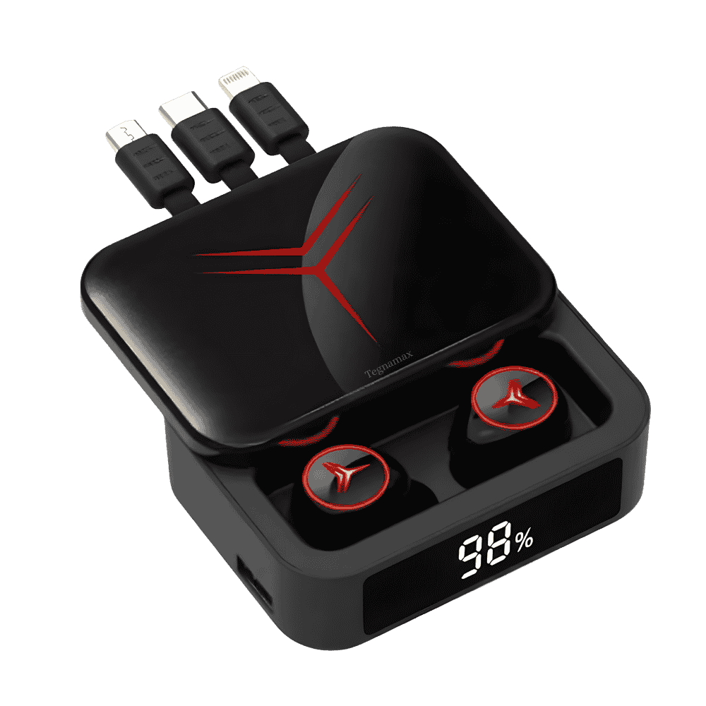 estuche de audifonos gamer con tres cables de carga usb integrados y pantalla led