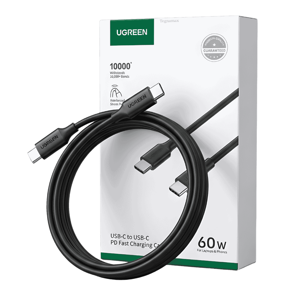 Cable ugreen tipo c a tipo c de 2 metros enrollado sobre un fondo blanco