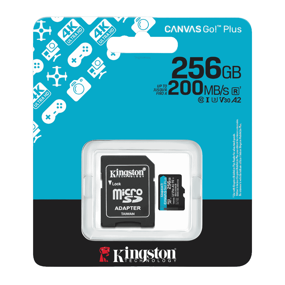 Tarjeta de memoria micro sd kingston de 256gb clase v30 a2 junto a su adaptador sd