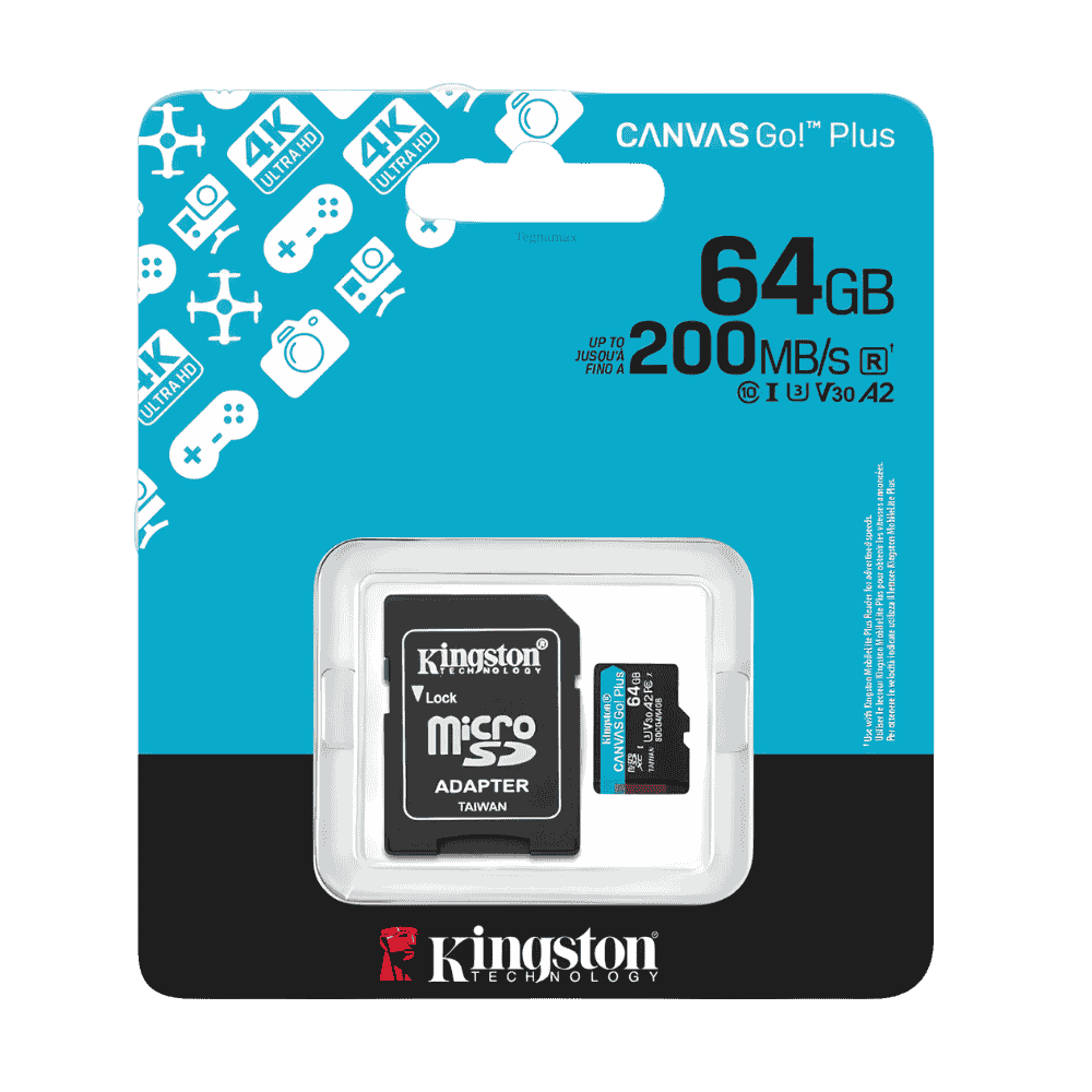 Tarjeta de memoria micro sd kingston de 64gb clase v30 junto a su adaptador sd negro
