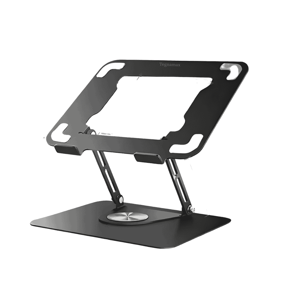 soporte para laptop de metal color negro con base giratoria de 360 grados