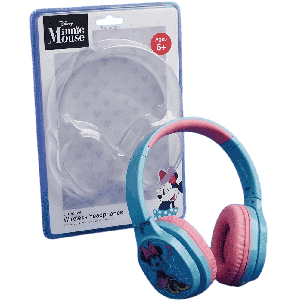 Caja frontal de los audífonos bluetooth Minnie Mouse Xtech mostrando el diseño color turquesa.