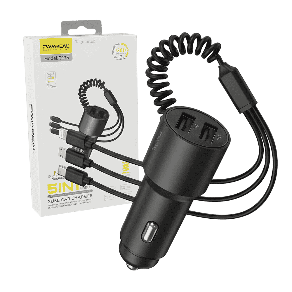 Cargador auto carga rápida 5 en 1 con extensión para asientos traseros