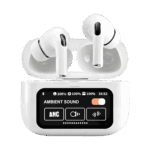 Audifonos bluetooth tws con estuche de carga mostrando su moderna pantalla digital led