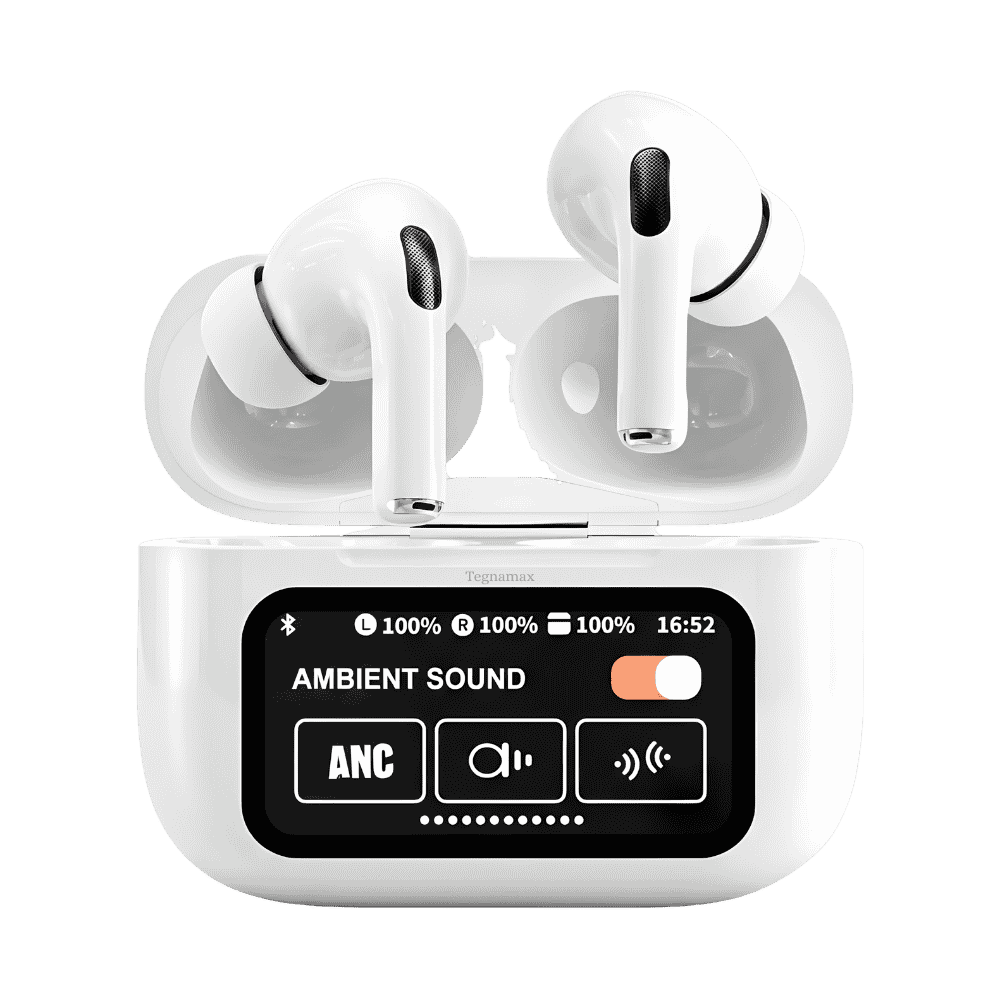 Audifonos bluetooth tws con estuche de carga mostrando su moderna pantalla digital led