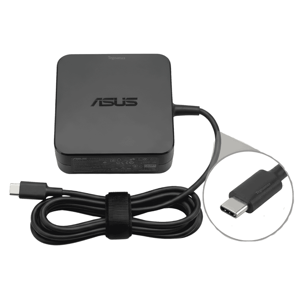 Bloque de cargador asus de 65w color negro con su cable y conector usb tipo c