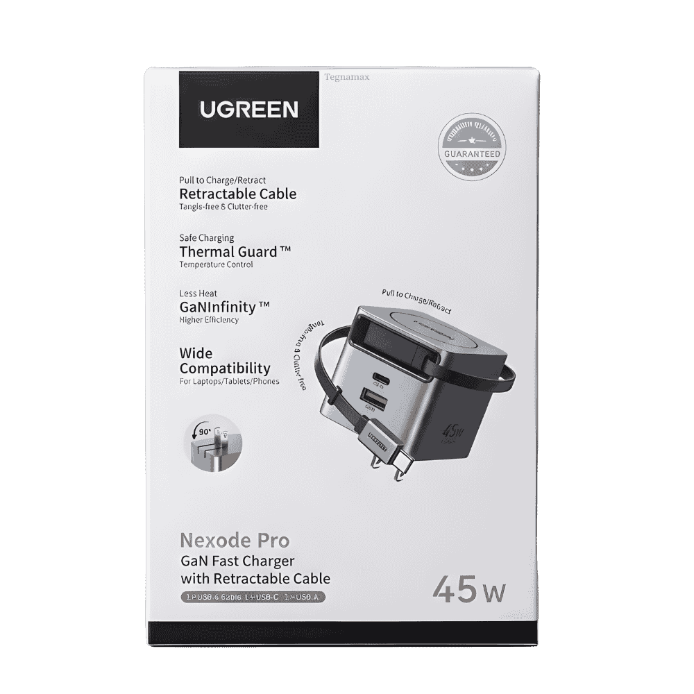 Cargador de pared ugreen nexode pro de 45w mostrando su practico cable tipo c retractil