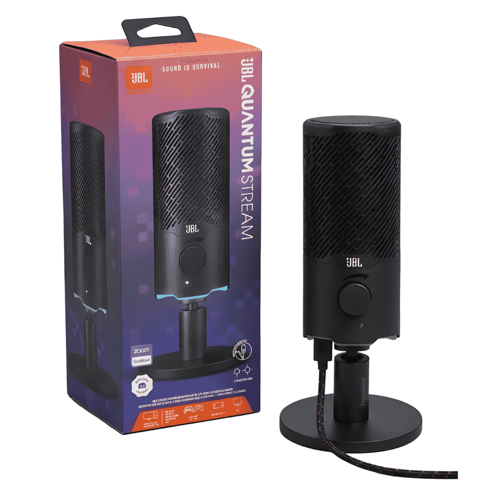 Microfono jbl quantum stream de condensador usb con iluminacion rgb en soporte de escritorio