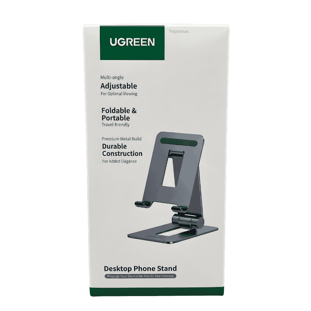 Soporte de telefono ugreen lp678 sosteniendo un smartphone en un escritorio moderno