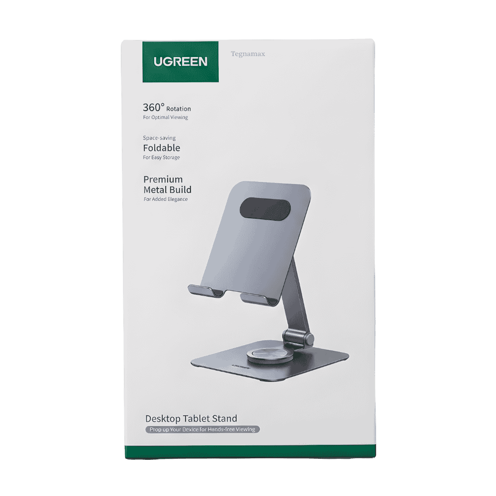 Soporte de telefono metalizado ugreen lp894 sosteniendo un smartphone en un escritorio