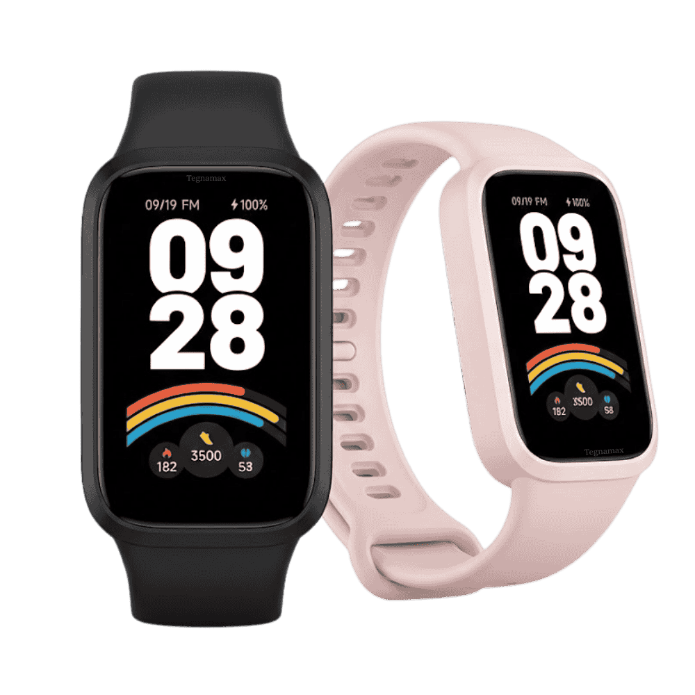 Reloj inteligente xiaomi smart band 9 active mostrando la hora en sus versiones de color negro y rosado