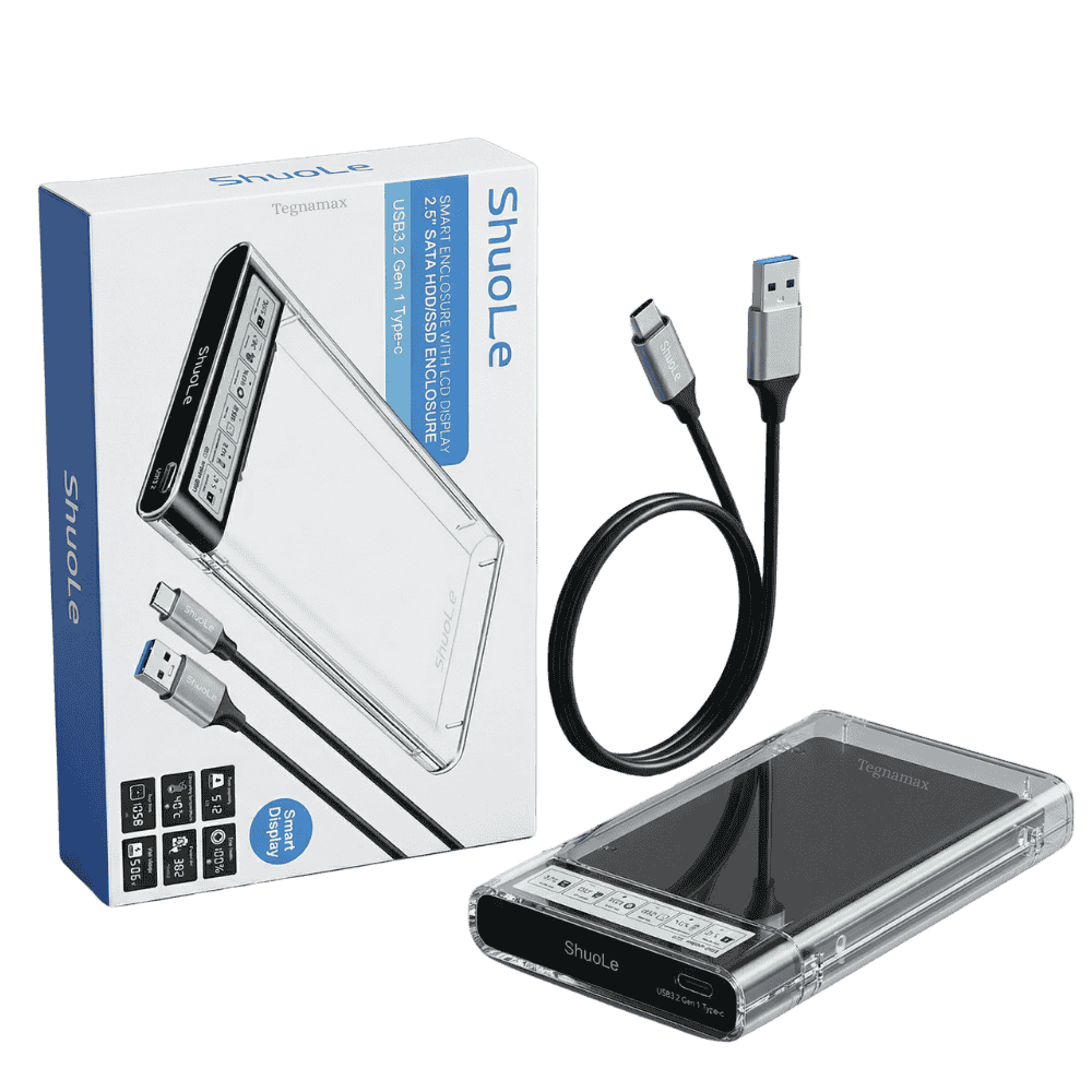 Carcasa negra para disco duro de 2.5 pulgadas con pantalla digital encendida