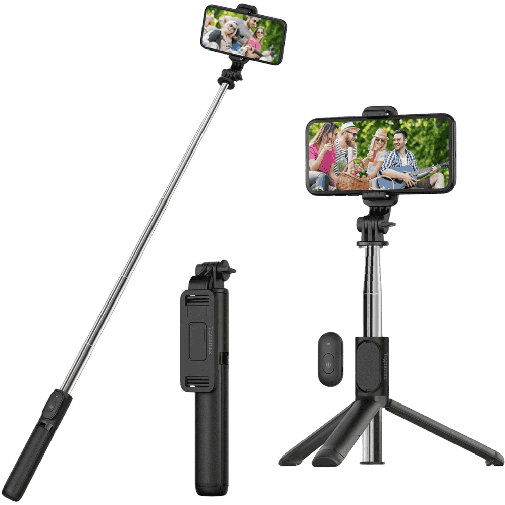 Palo selfie bluetooth extendido con su tripode abierto para celular