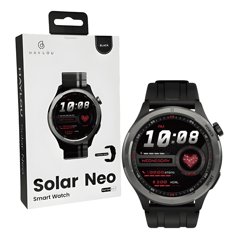 Reloj inteligente smart watch solar neo haylou mostrando su elegante pantalla circular