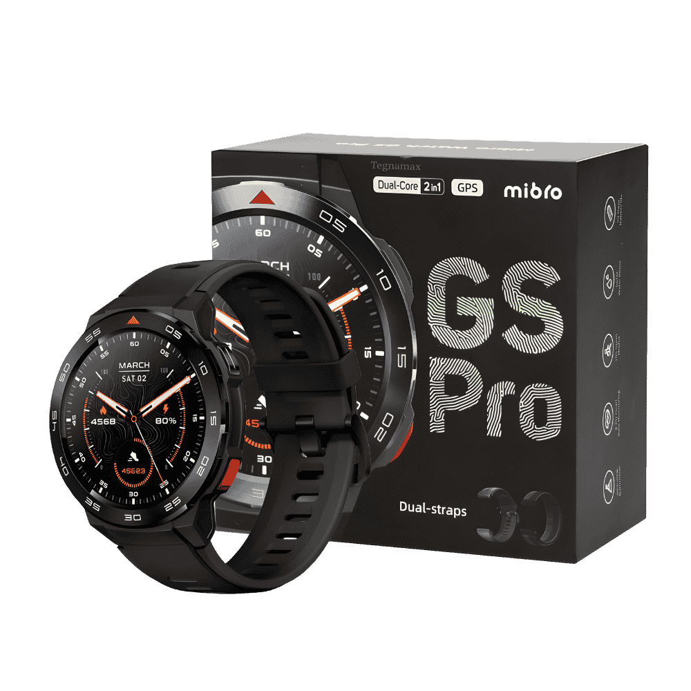 Reloj inteligente premium smartwatch mibro gs pro con carcasa de acero oscuro