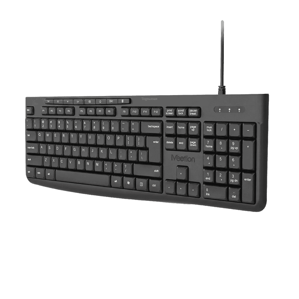 Teclado alambrico meetion k295 de color negro mostrando sus botones multimedia superiores
