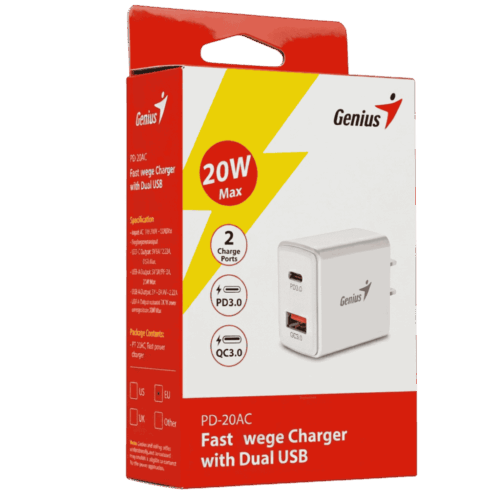 Cargador De Pared Genius PD-20AC 20W Dual USB-A QC3.0 Tipo C PD3.0
