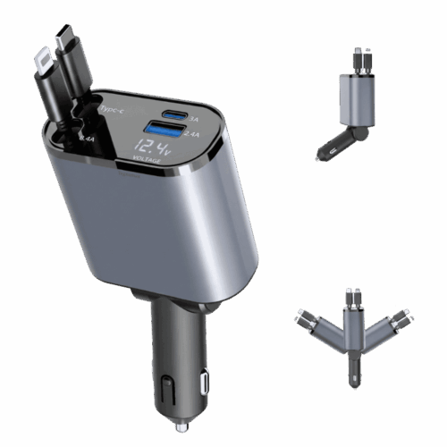 Cargador para Carro USB-C y USB-A con Cables Retráctiles USB-C y Lightning