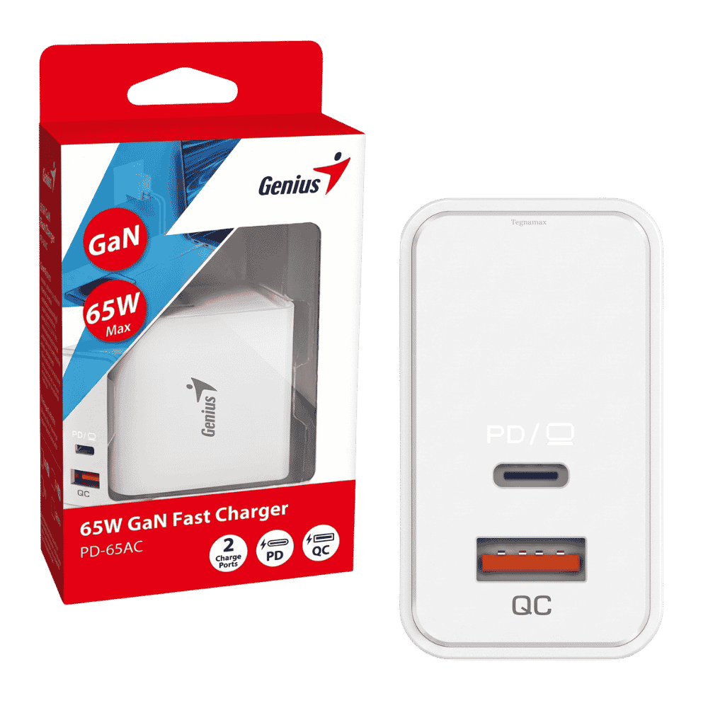 Cargador Genius PD-65AC GaN 65W USB-C PD y USB-A QC